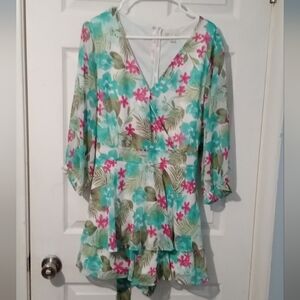 Cato Floral V-Neck Jumpsuit - Green and Pink